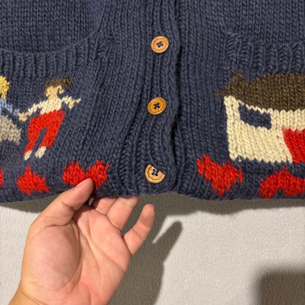 Hand Knit Folk Art Intarsia Cardigan Womens Medium Lined Navy Blue House Heart - Picture 2 of 6